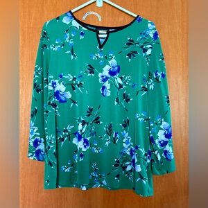 Liz Claiborne Green Floral 3/4 Sleeves Blouse, XL, P2P:23”, EUC